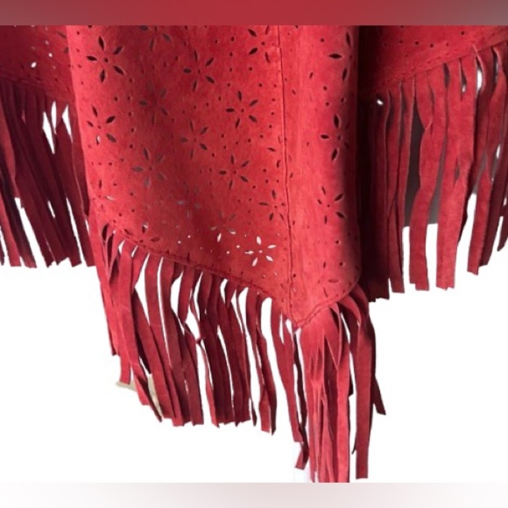 Vintage Suede Fringe Cape Orange Coral Cut Out Leather Shawl Jacket Boho Retro - Picture 8 of 12